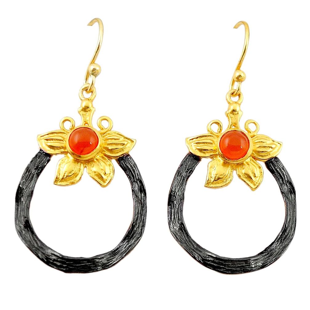 Natural orange cornelian rhodium 14K gold over brass handmade  flower earrings f4124