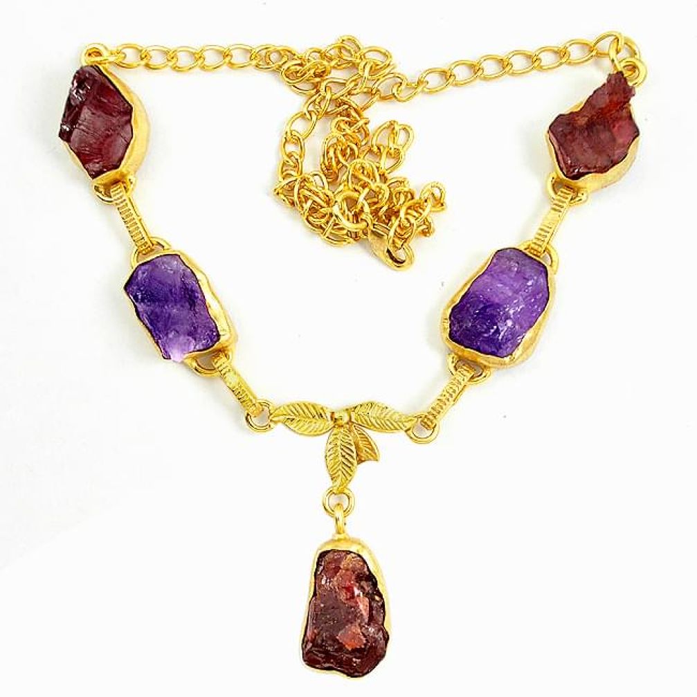 Red garnet rough amethyst rough 14K gold over brass handmadenecklace f2937