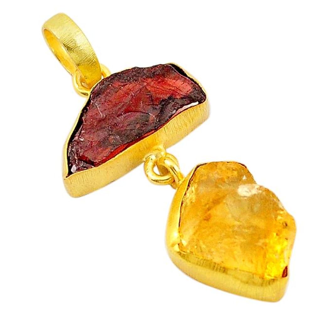 Natural red garnet rough 14K gold over brass handmade pendant f2268