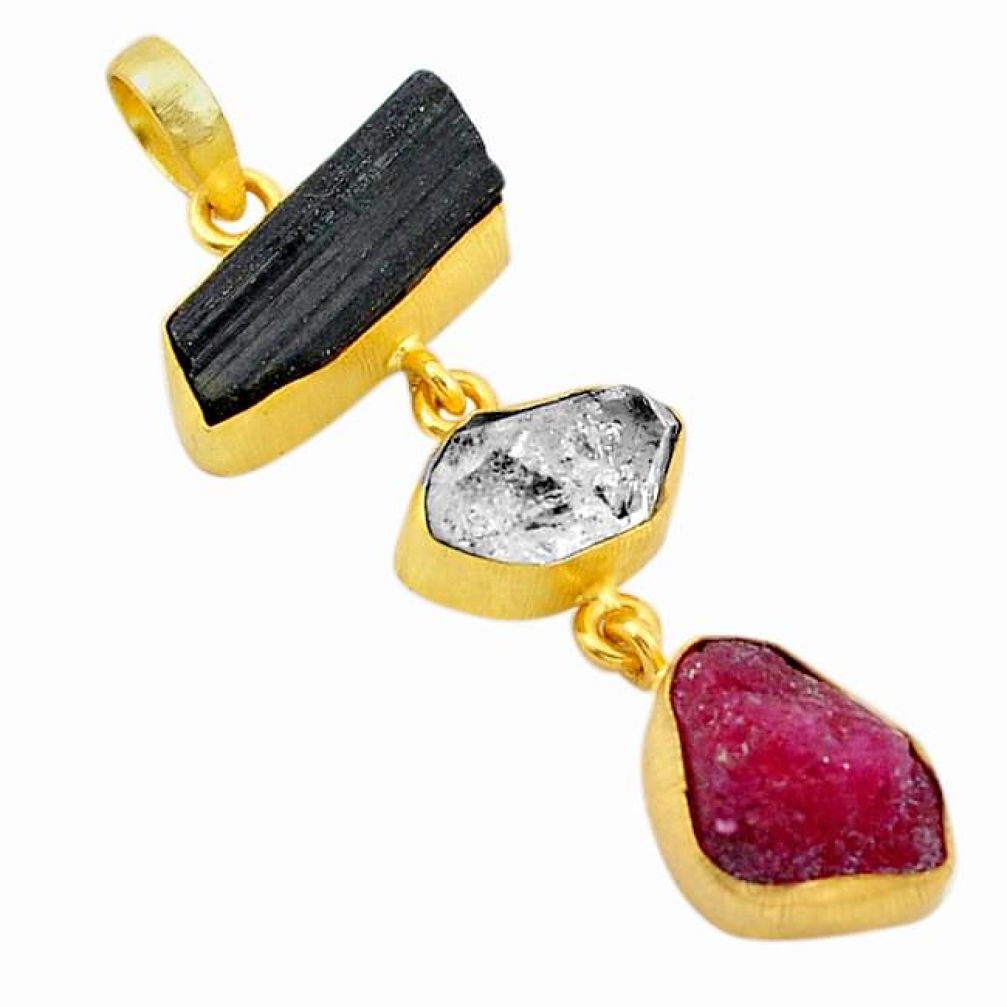 Natural black tourmaline rough 14K gold over brass handmade pendant jewelry f2276