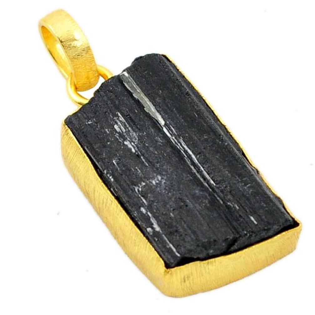 Natural black tourmaline rough 14K gold over brass handmade pendant jewelry f2286