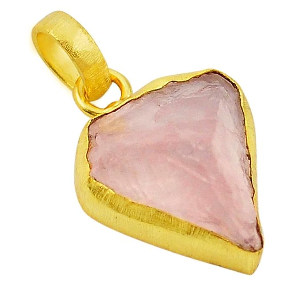 Natural pink rose quartz rough 14K gold over brass handmade pendant jewelry f2303