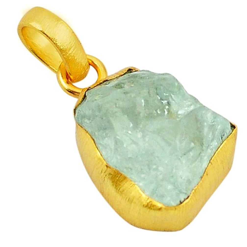 Natural aqua aquamarine rough 14K gold over brass handmade pendant jewelry f2304