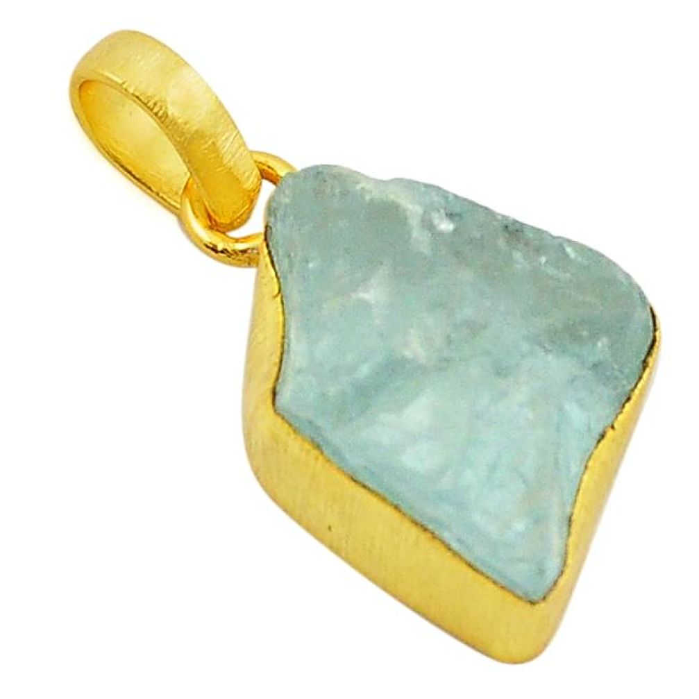 Natural aqua aquamarine rough 14K gold over brass handmade pendant jewelry f2314