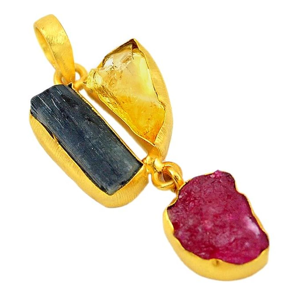 Natural ruby citrine kyanite rough 14K gold over brass handmadependant f2982