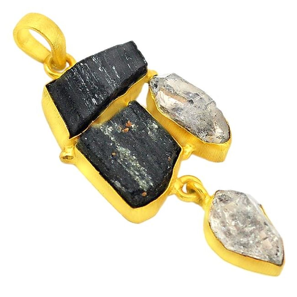 Herkimer diamond black tourmaline 14K gold over brass handmadependant healing crystals f2989