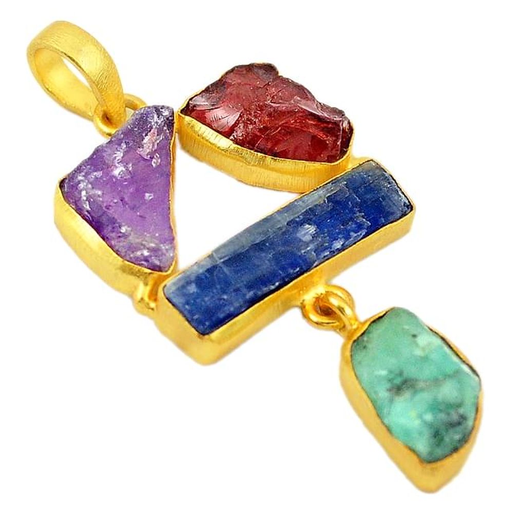 Natural blue kyanite rough emerald rough 14K gold over brass handmade pendant f3002