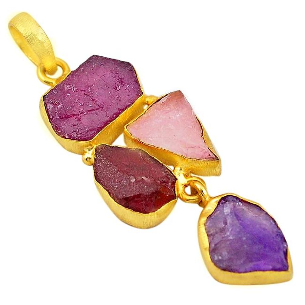 Natural pink ruby rough 14K gold over brass handmade pendant jewelry f3030