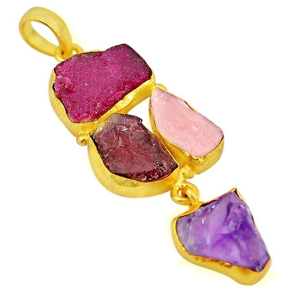 Natural pink ruby rough 14K gold over brass handmade pendant jewelry f3033