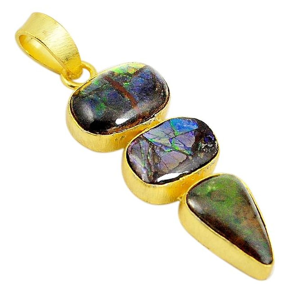 Natural multi color ammolite (canadian) 14K gold over brass handmade pendant f3607