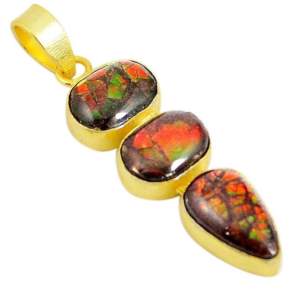 Natural multi color ammolite (canadian) 14K gold over brass handmade pendant f3611