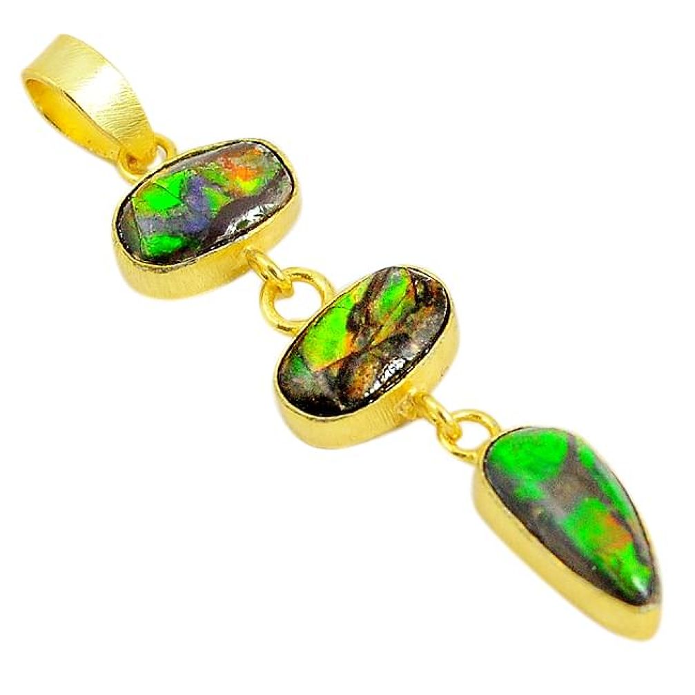 Natural multi color ammolite (canadian) 14K gold over brass handmade pendant f3616