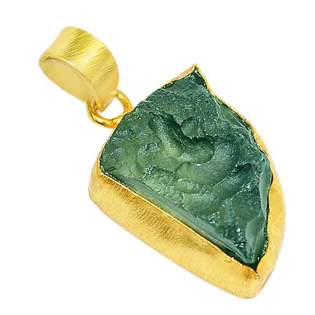 Natural green moldavite (genuine czech) 14K gold over brass handmade pendant f3650