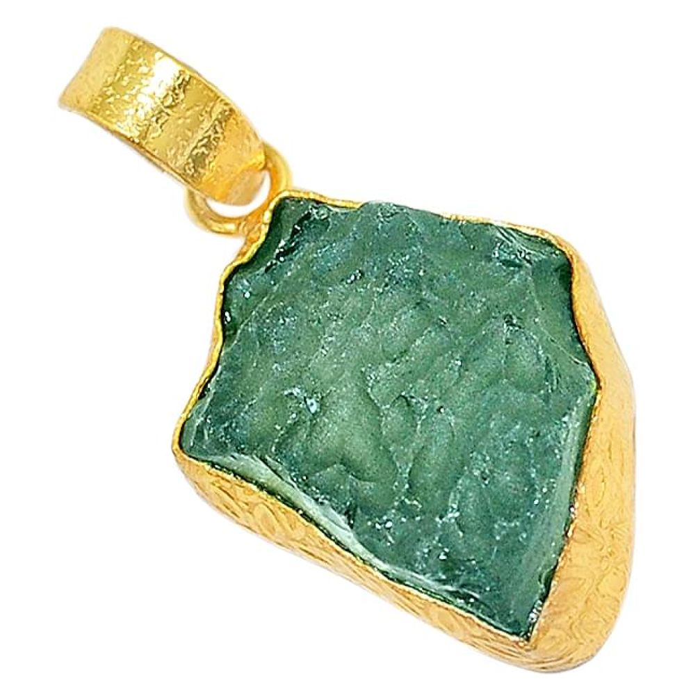 Natural green moldavite (genuine czech) 14K gold over brass handmade pendant f3651