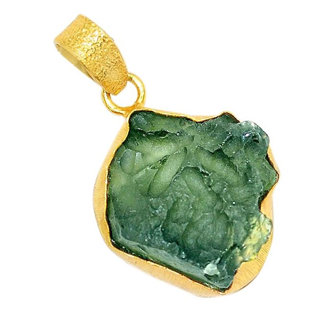 Natural green moldavite (genuine czech) 14K gold over brass handmade pendant f3654