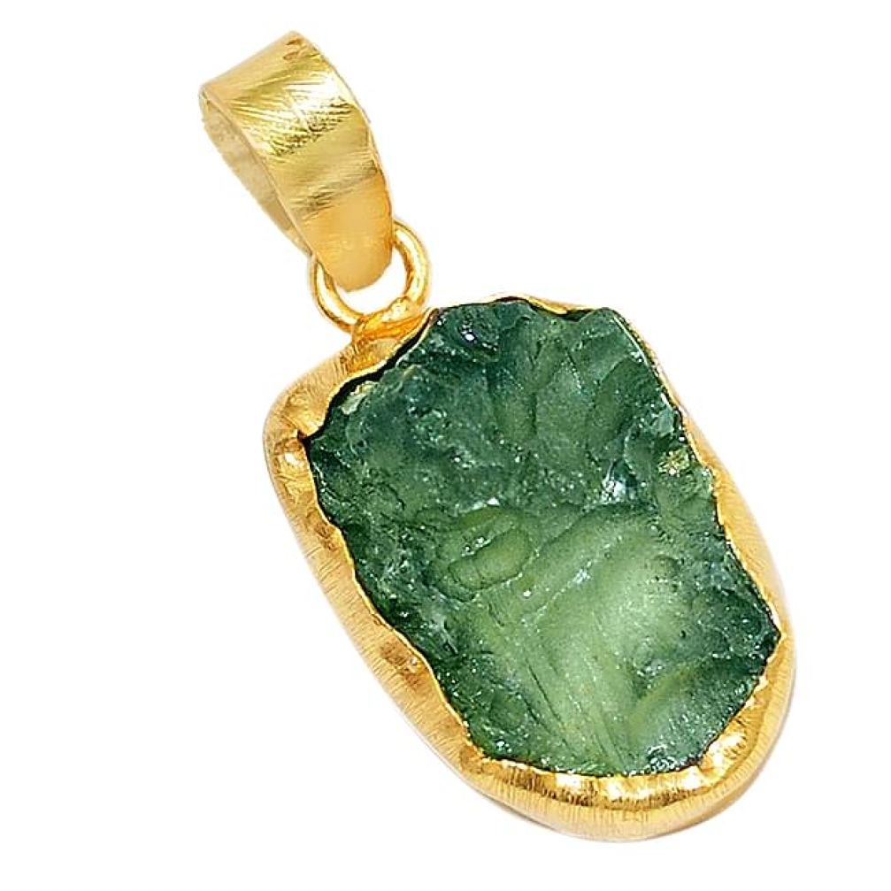 Natural green moldavite (genuine czech) 14K gold over brass handmade pendant f3660