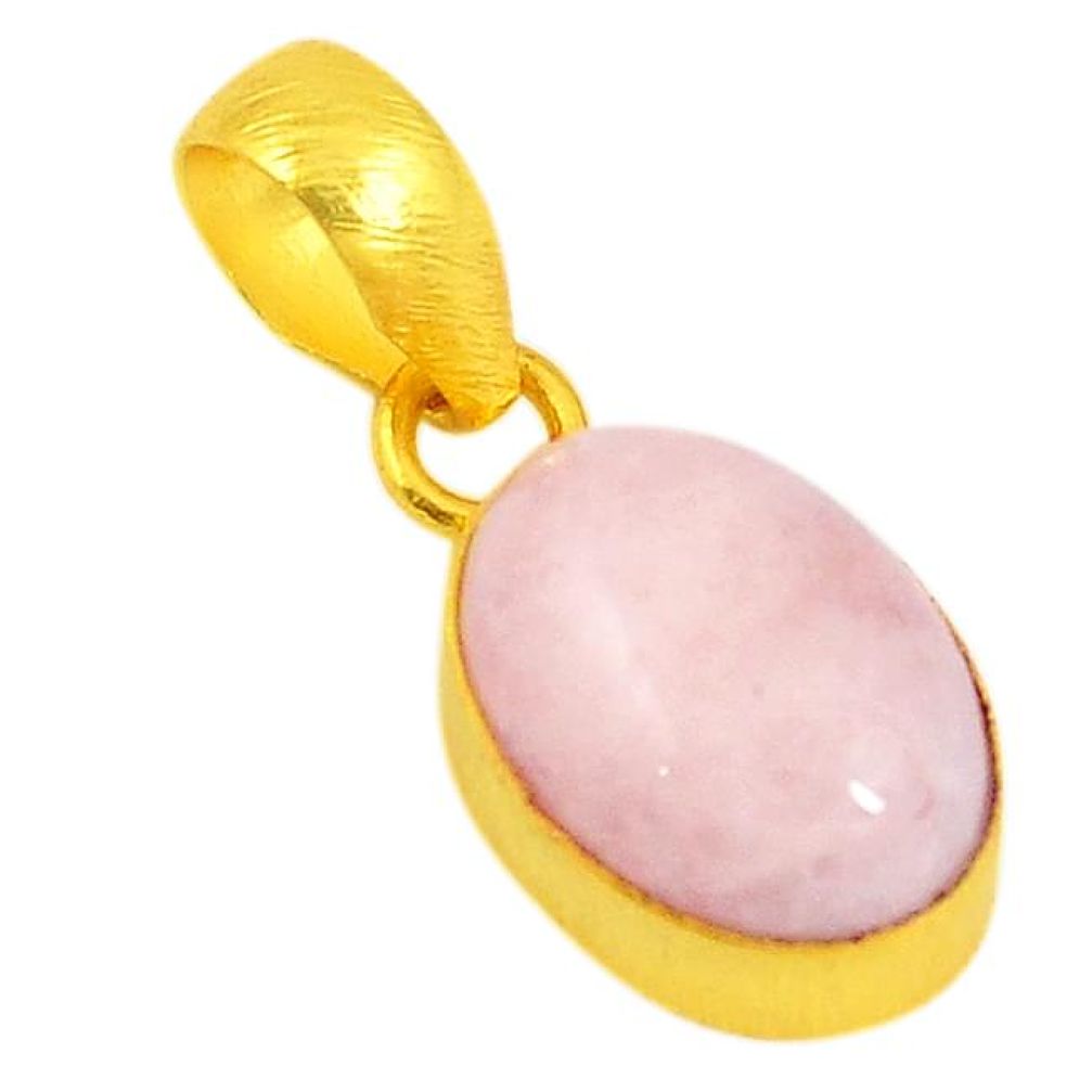 Natural pink morganite oval shape 14K gold over brass handmade pendant f3664