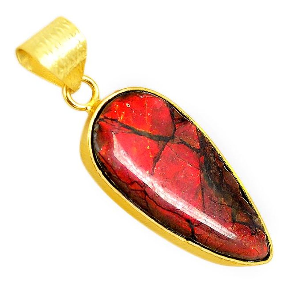 Natural multi color ammolite (canadian) 14K gold over brass handmade pendant f3705