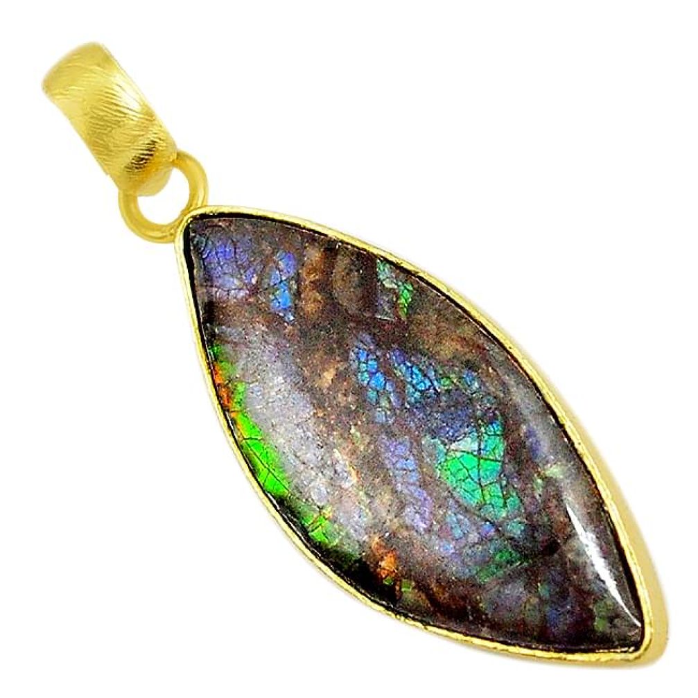 Natural multi color ammolite (canadian) 14K gold over brass handmade pendant f3723