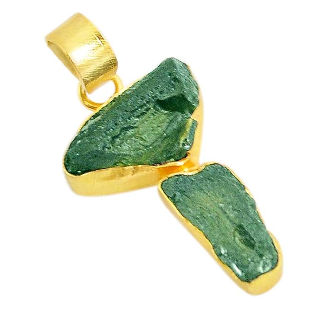 Natural green moldavite (genuine czech) fancy 14K gold over brass handmade pendant f3733