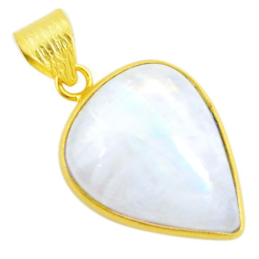 Natural rainbow moonstone pear 14K gold over brass handmade pendant f3765