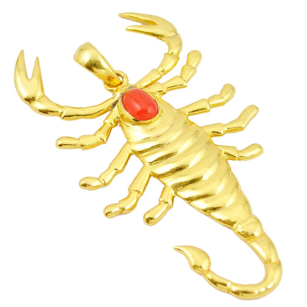 Natural orange cornelian (carnelian) scorpion 14K gold over brass handmade  pendant f4172
