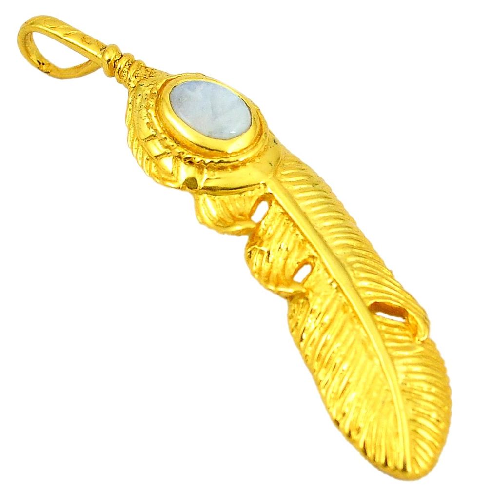 Natural rainbow moonstone 14K gold over brass handmade  feather pendant f4194