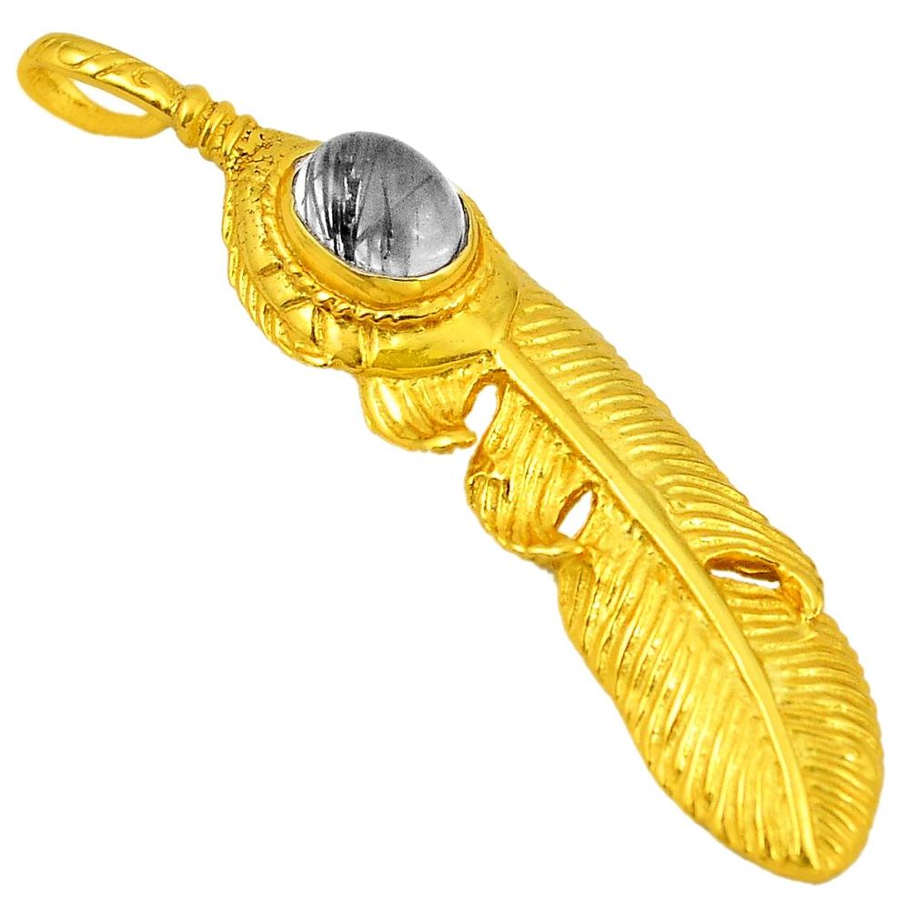 Black tourmaline rutile 14K gold over brass handmade  feather pendant f4195