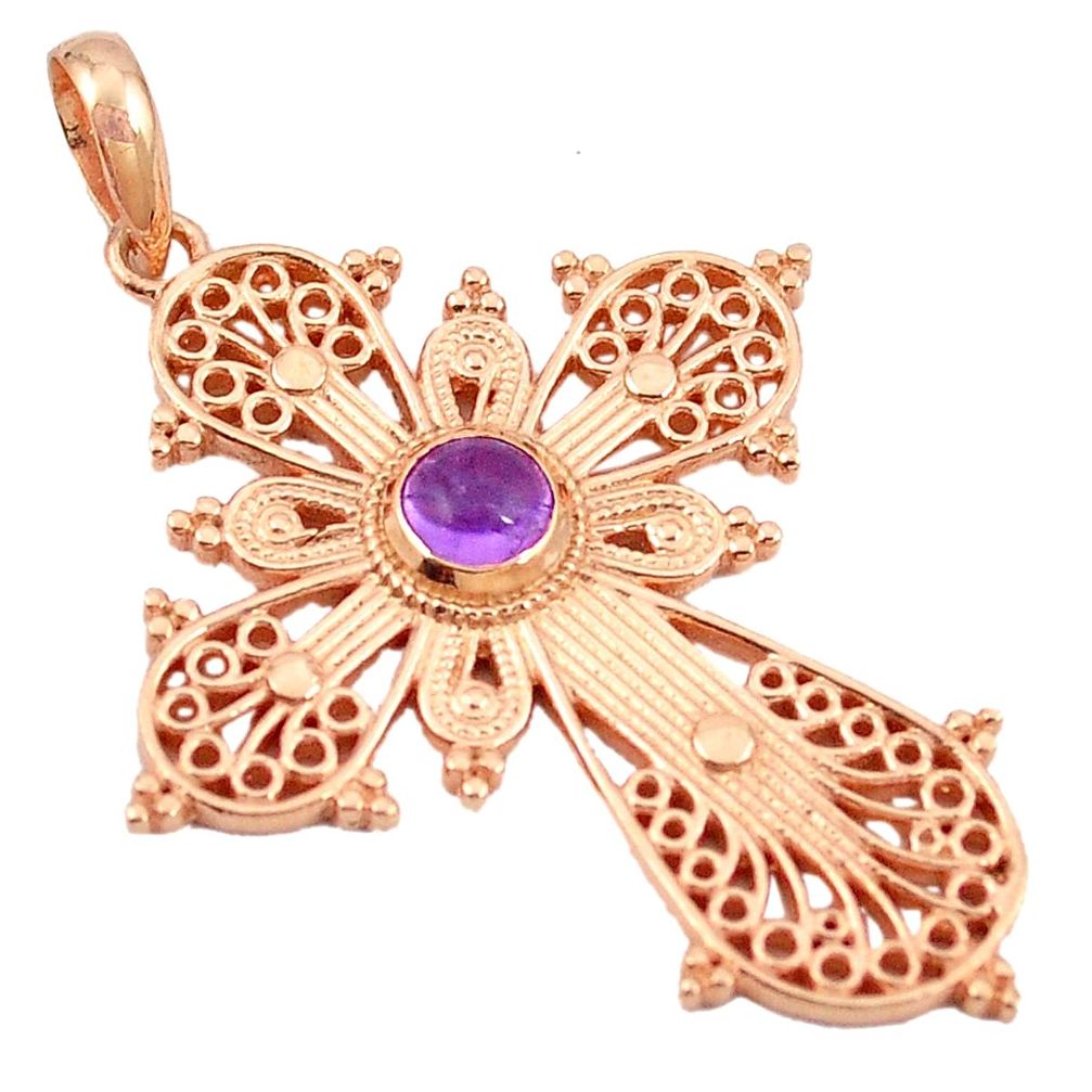 Natural purple amethyst 14K gold over brass handmade cross pendant f4285