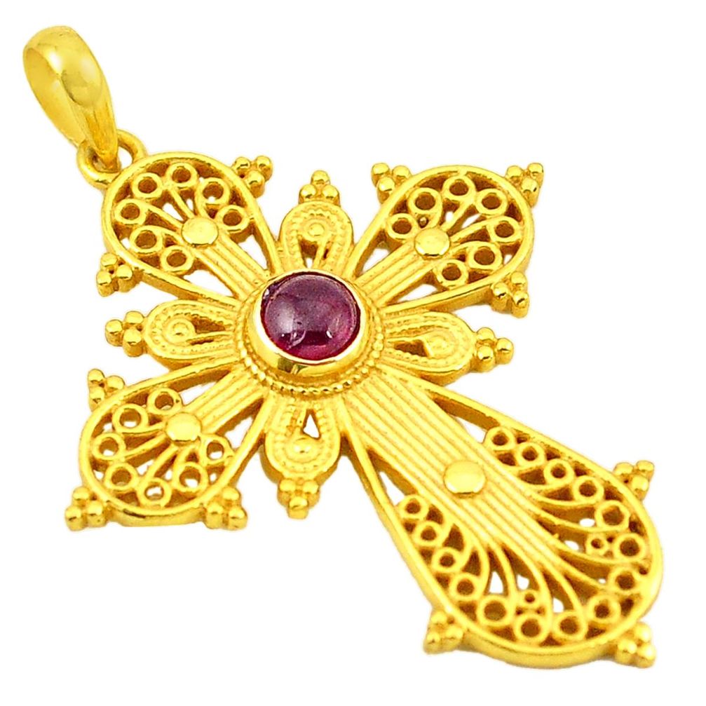 Natural red garnet 14K gold over brass handmade  cross pendant jewelry f4293