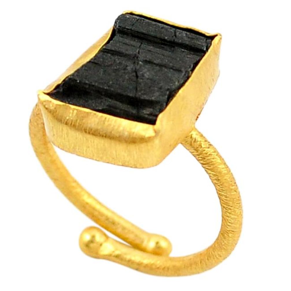 Natural black tourmaline rough 14K gold over brass handmade adjustable ring size 8 f2515