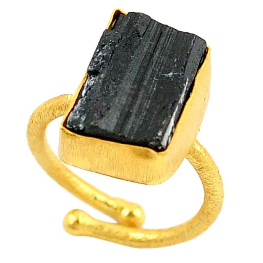 Black tourmaline rough 14K gold over brass handmade adjustable ring size 6.5 f2516