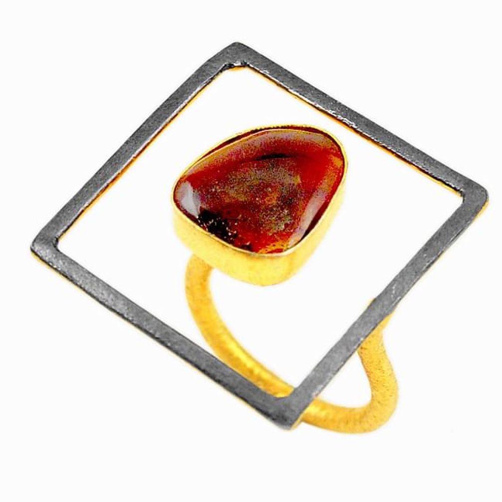 Natural mexican fire agate 14K gold over brass handmadeadjustable ring size 8 f2674