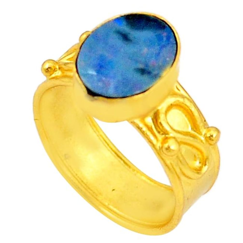 Natural blue doublet opal australian 14K gold over brass handmadering size 6.5 f2695