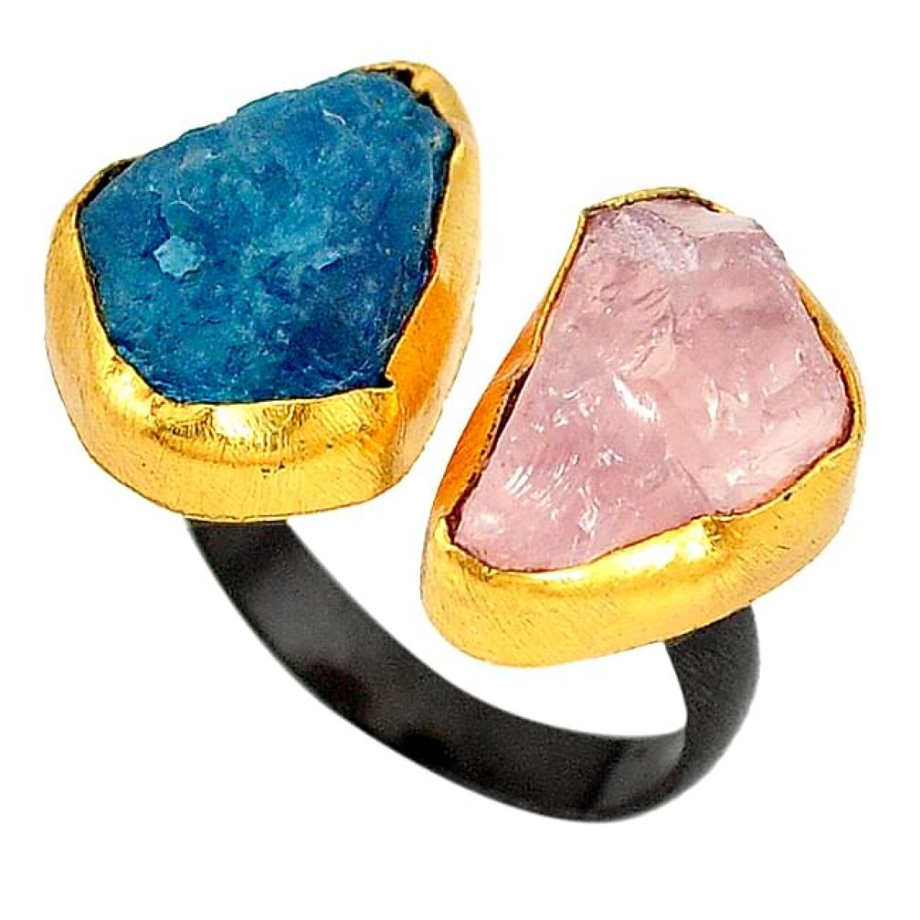 Blue apatite rough 14K gold over brass handmadeadjustable ring healing crystals size 8.5 f2851
