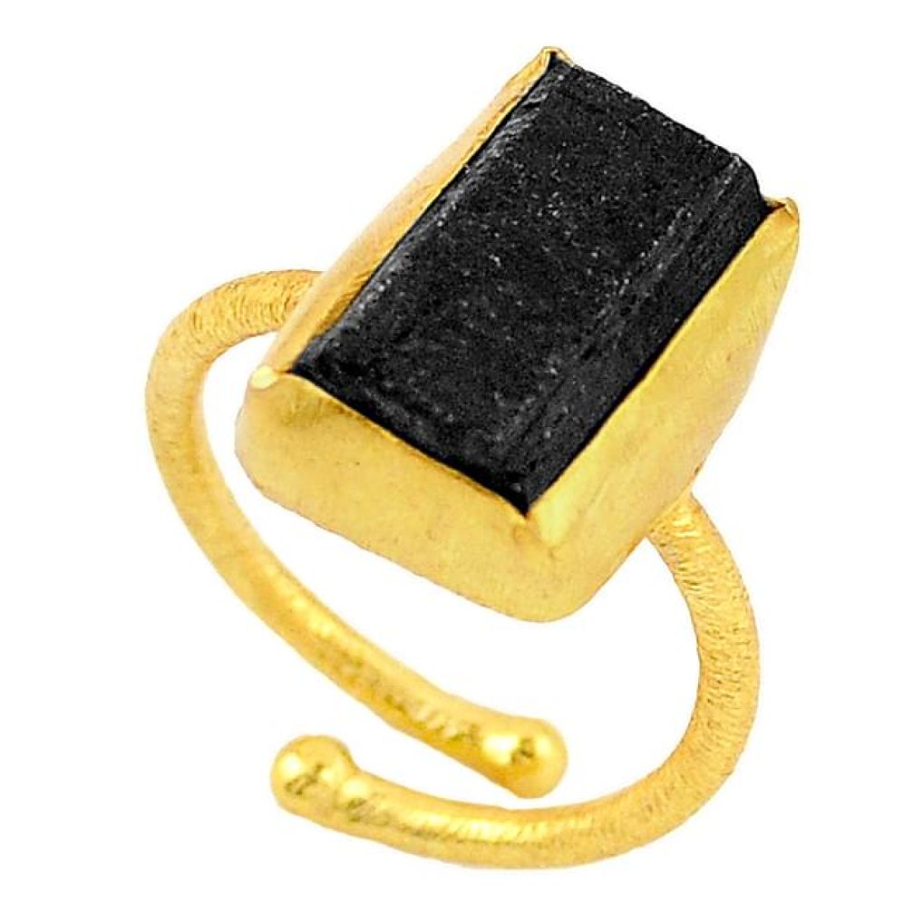 Natural black tourmaline rough 14K gold over brass handmade ring size 8 f3138