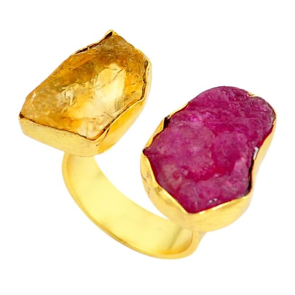 Natural pink ruby rough 14K gold over brass handmade adjustable ring size 6.5 f3294
