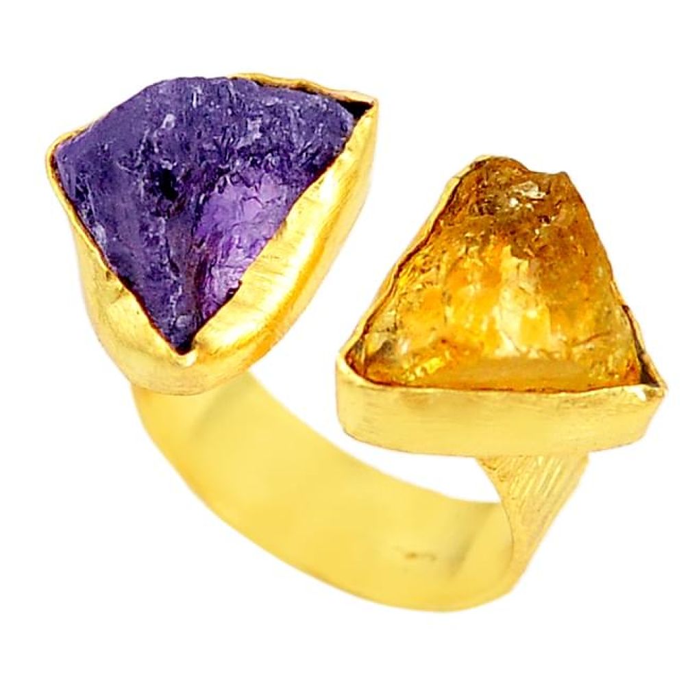 Yellow citrine rough 14K gold over brass handmade adjustable ring jewelry size 7.5 f3312