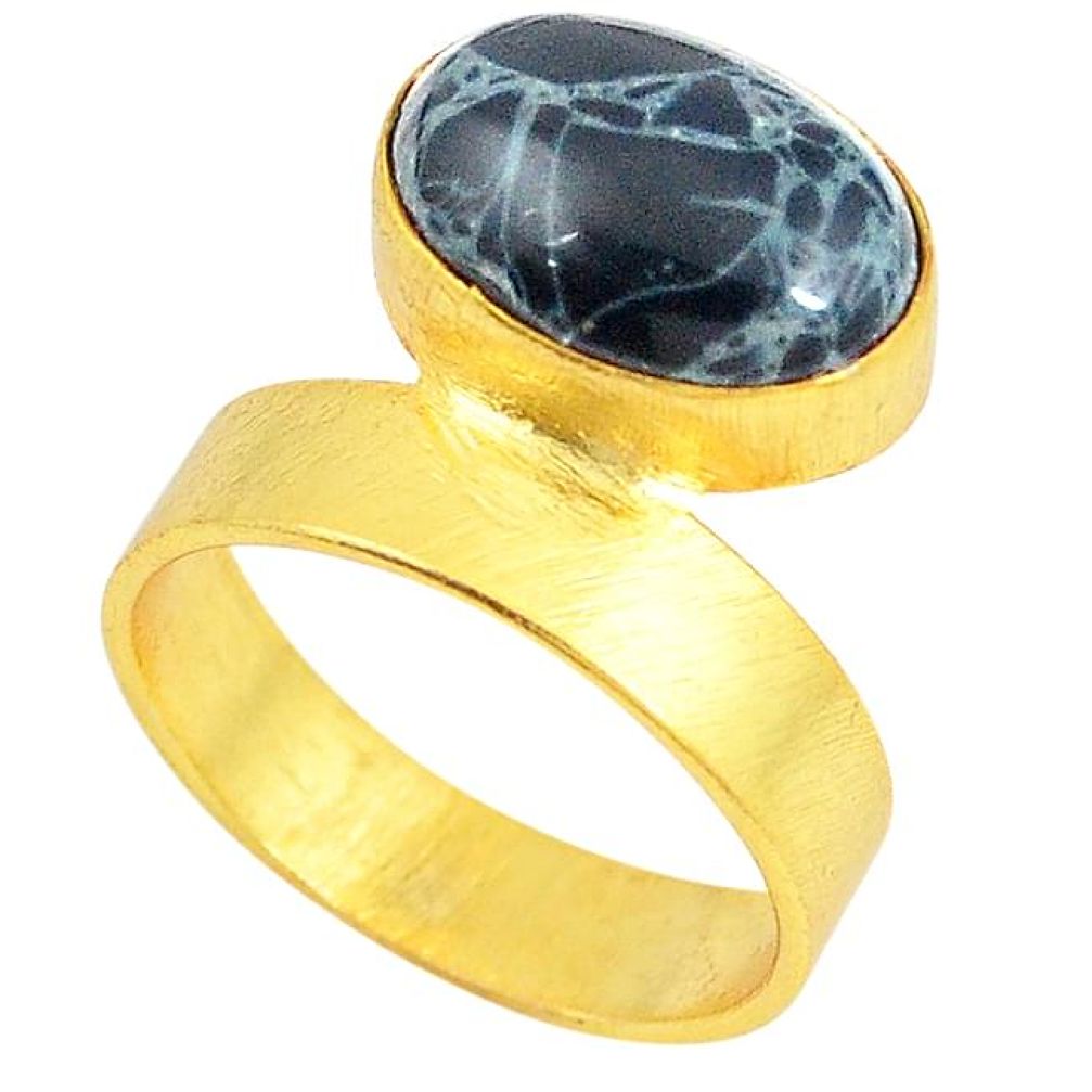 Natural black spider web obsidian 14K gold over brass handmade ring size 7.5 f3342