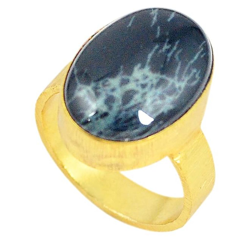 Natural black spider web obsidian 14K gold over brass handmade ring size 8 f3352