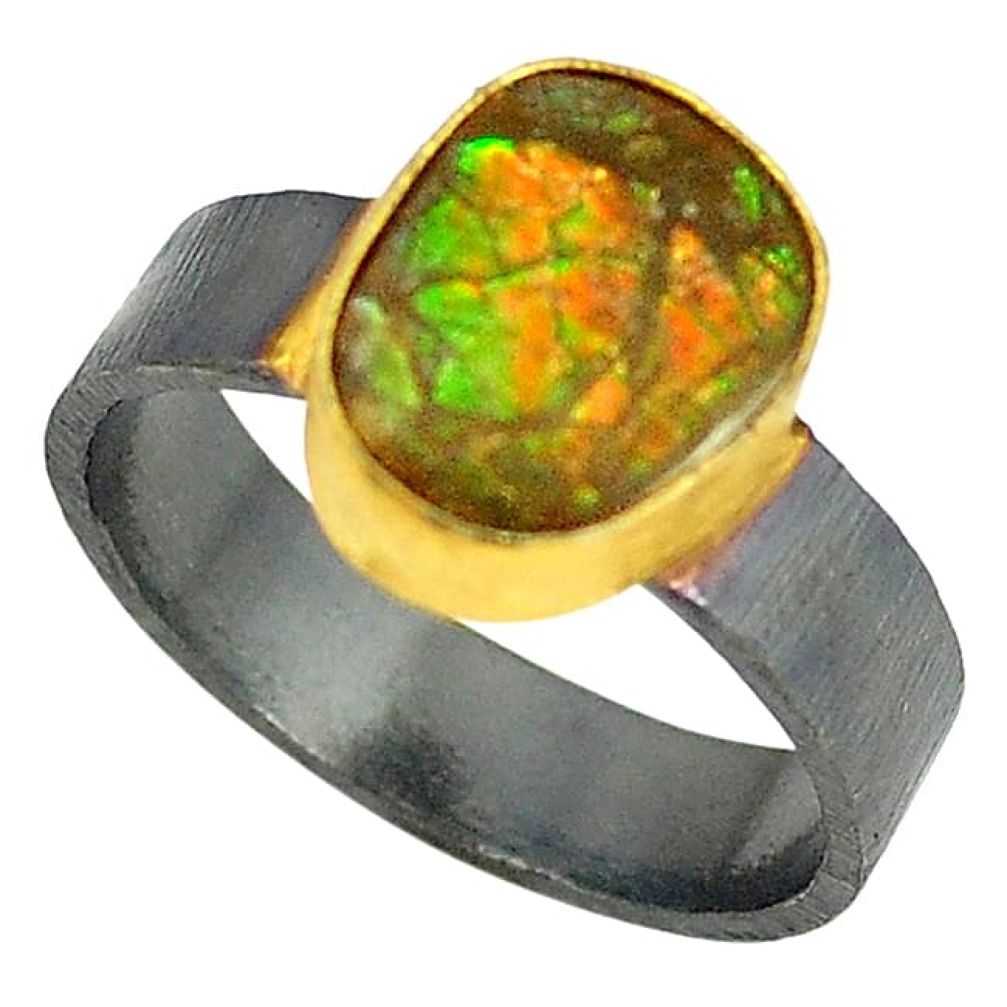 Natural ammolite (canadian) rhodium 14K gold over brass handmade ring size 7.5 f3362