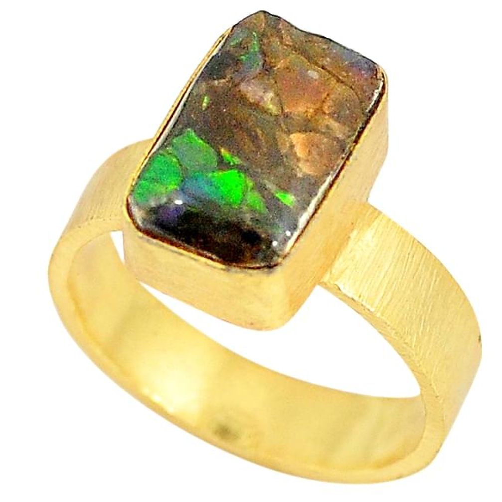 Natural multi color ammolite (canadian) 14K gold over brass handmade ring size 7.5 f3373