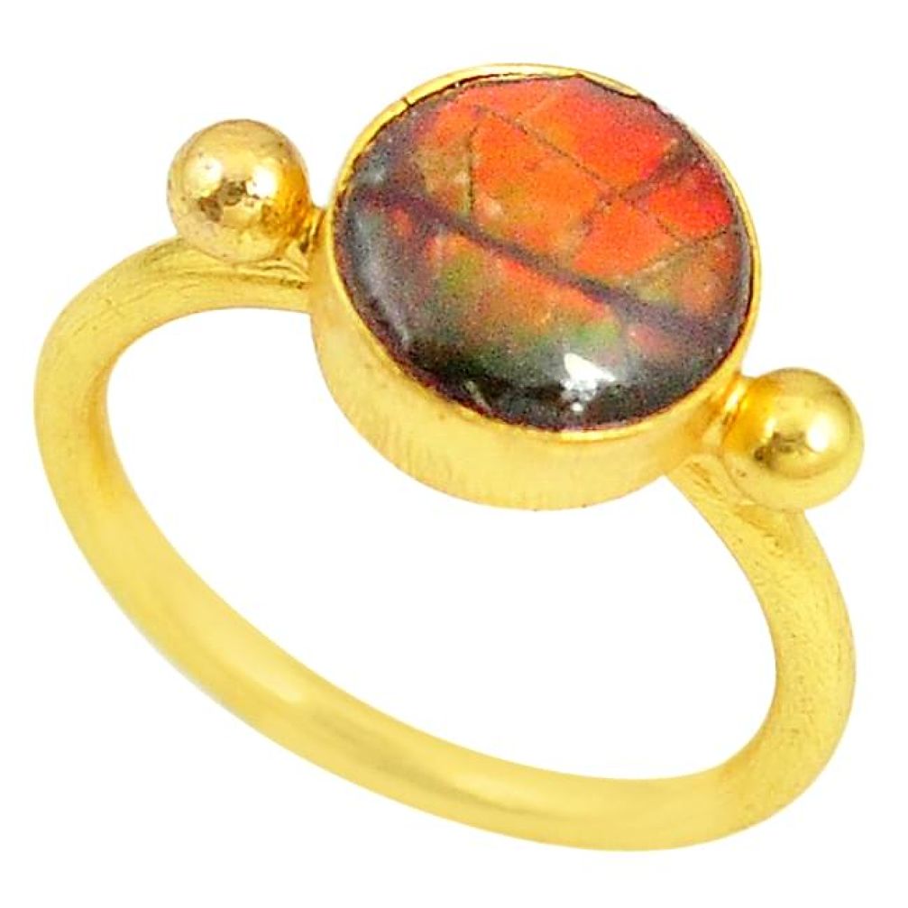 Natural multi color ammolite (canadian) 14K gold over brass handmade ring size 6.5 f3374