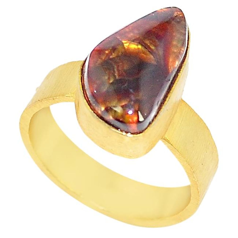 Natural multi color mexican fire agate 14K gold over brass handmade ring size 6.5 f3409