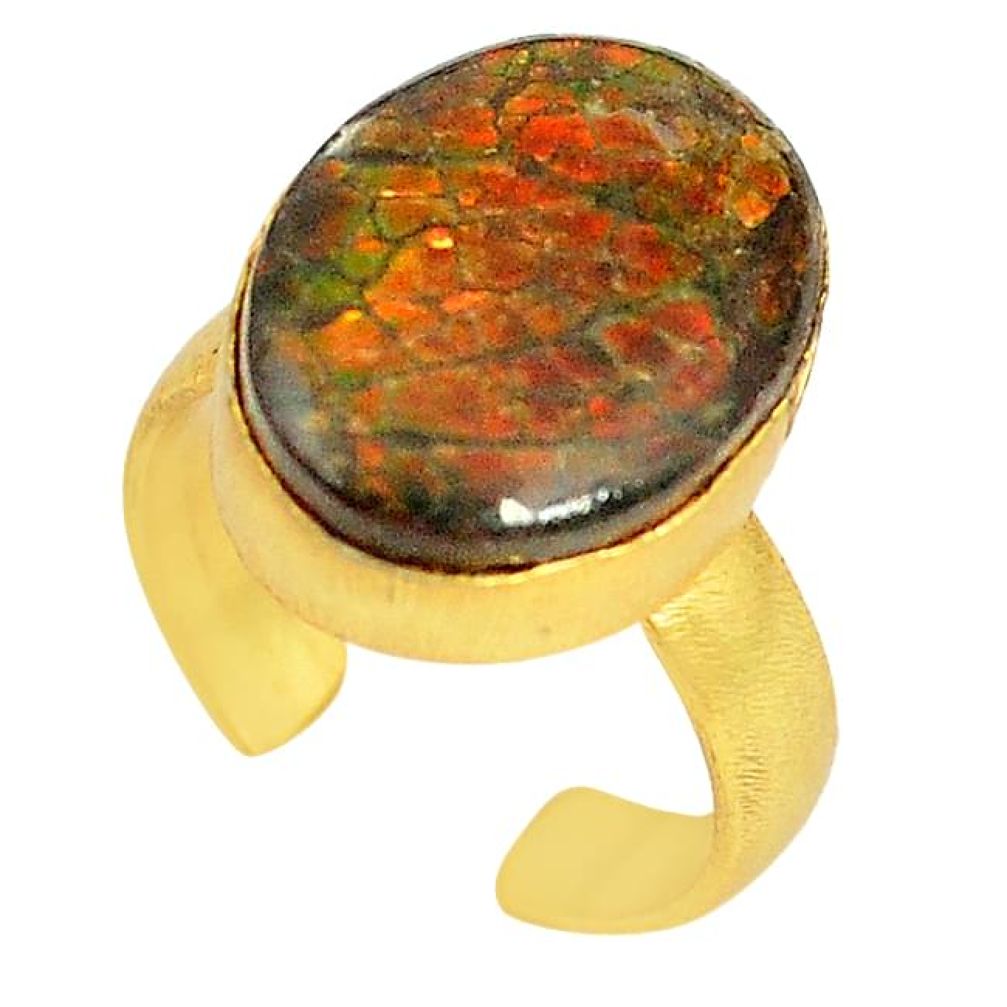 Natural ammolite (canadian) 14K gold over brass handmade adjustable ring size 6 f3435