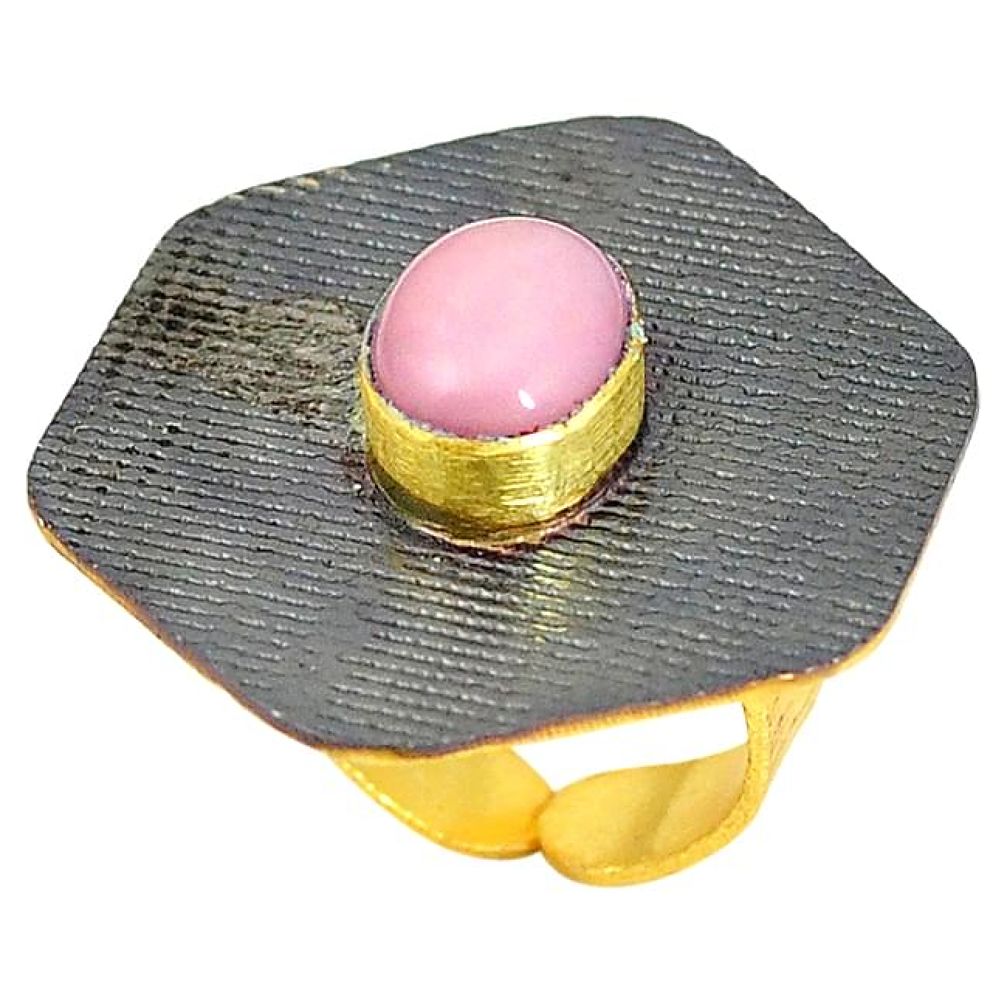 Natural pink opal rhodium 14K gold over brass handmade adjustable ring size 5.5 f3451