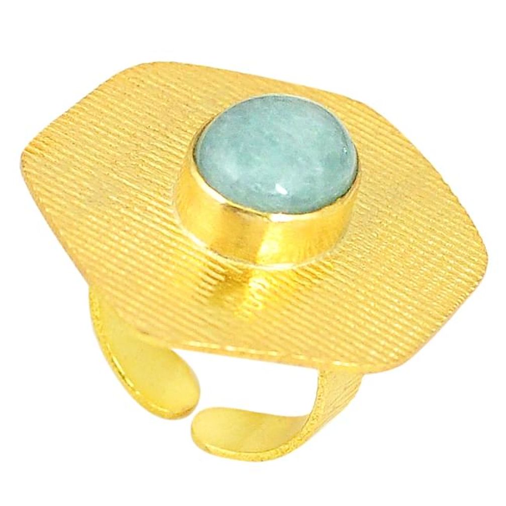 Natural blue aquamarine 14K gold over brass handmade adjustable ring size 6 f3463