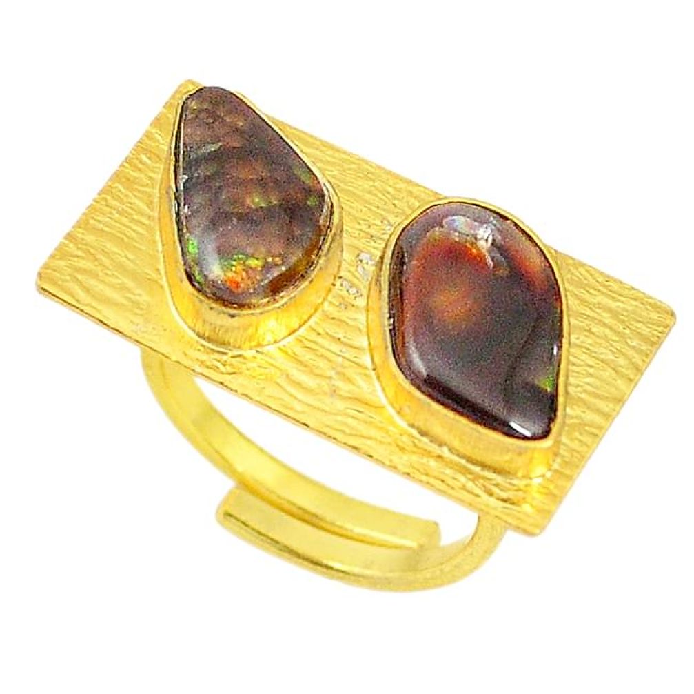 Natural mexican fire agate 14K gold over brass handmade adjustable ring size 7 f3566