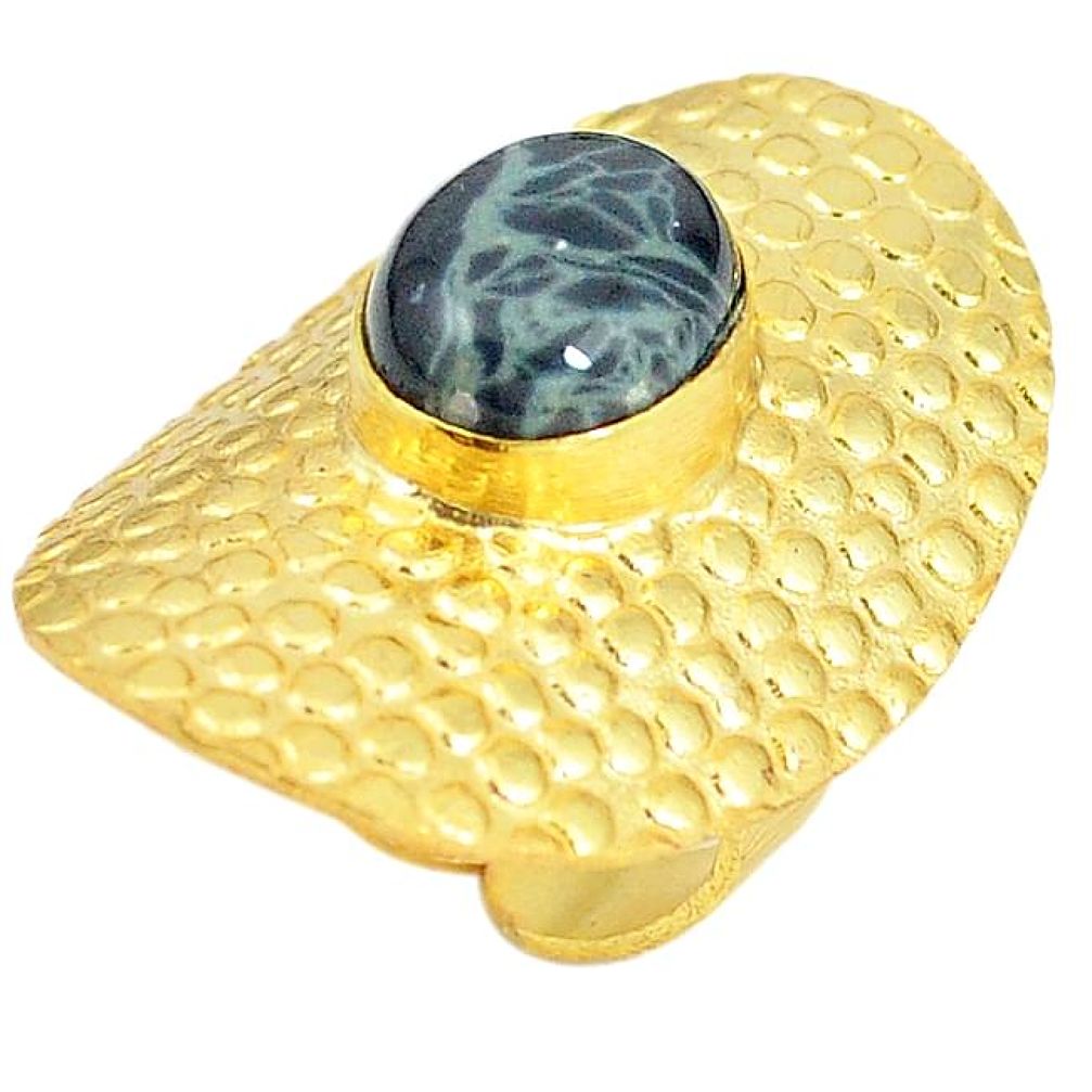 Natural black spider web obsidian 14K gold over brass handmade adjustable ring size 6 f3600