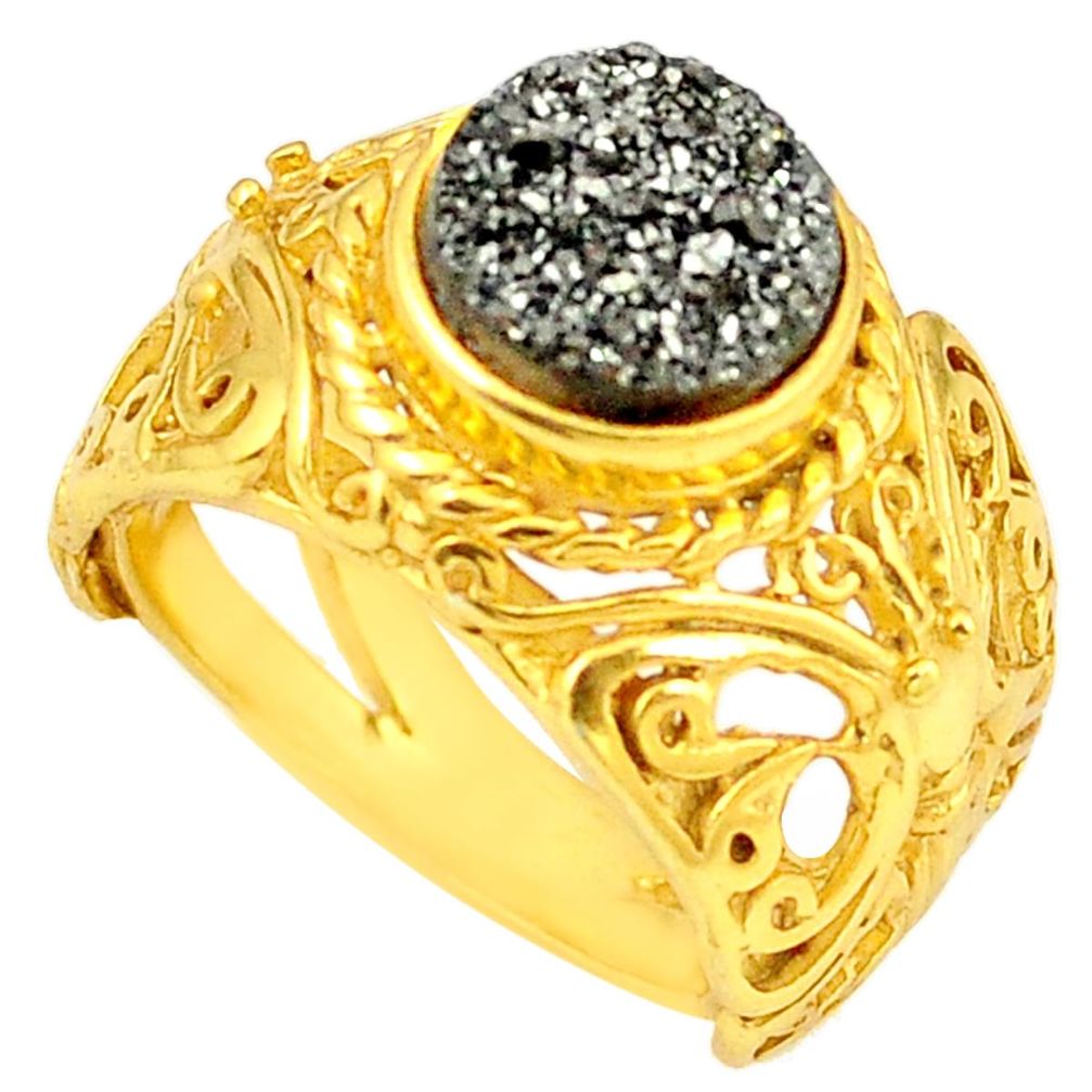 Brown druzy round 14K gold over brass handmade  ring jewelry size 8 f3888
